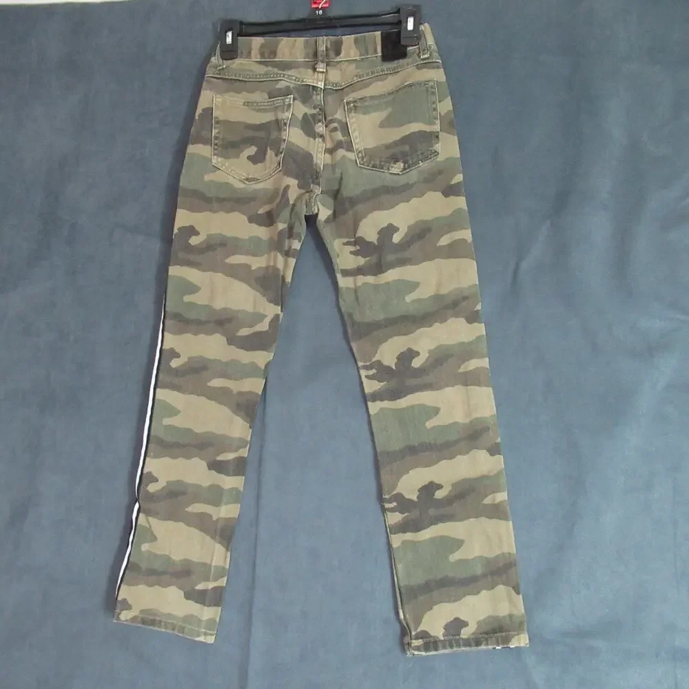 LR Scoop Jeans Boys Size 14 Green Camo Moto Racer Stripe Distressed Skinny Denim